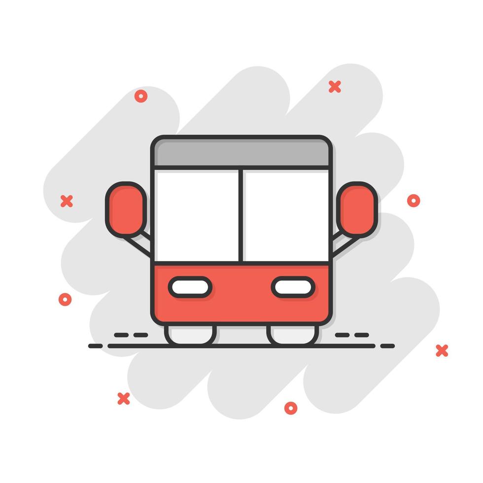 ícone de ônibus em estilo cômico. ilustração em vetor treinador dos desenhos animados no fundo branco isolado. conceito de negócio de efeito de respingo de veículo autobus.