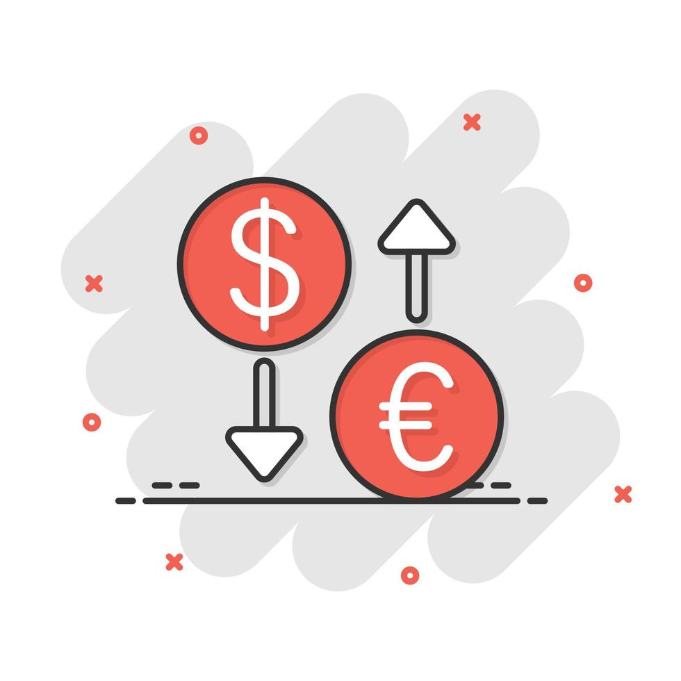 ícone de troca de moeda em estilo cômico. dólar euro transferência ilustração vetorial dos desenhos animados no fundo branco isolado. conceito de negócio de efeito de respingo de processo financeiro. vetor