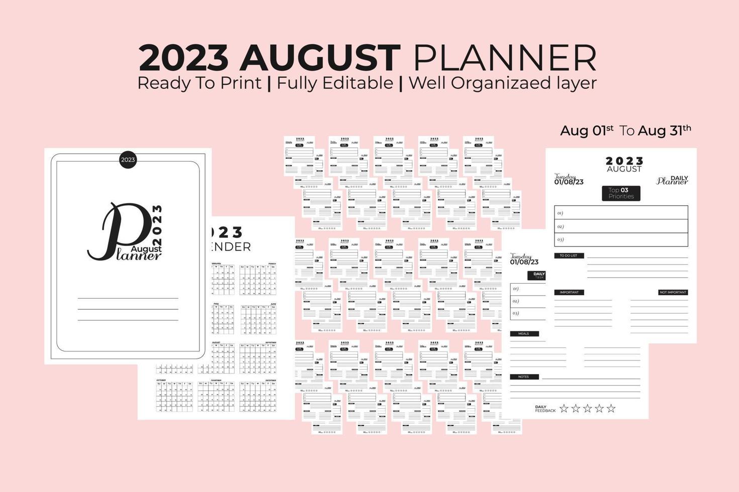 planejador diário de agosto 2023 vetor