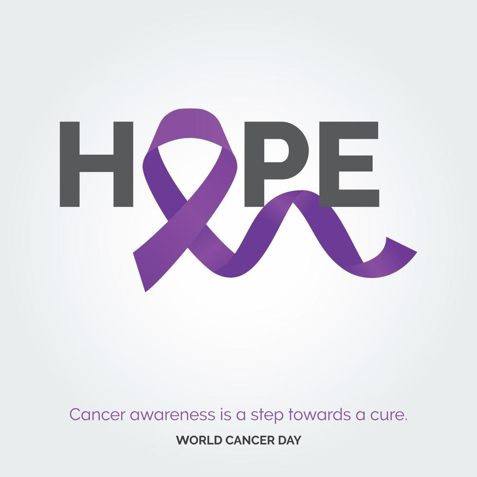 tipografia de fita de esperança. a conscientização sobre o câncer é um passo em direção à cura - dia mundial do câncer vetor