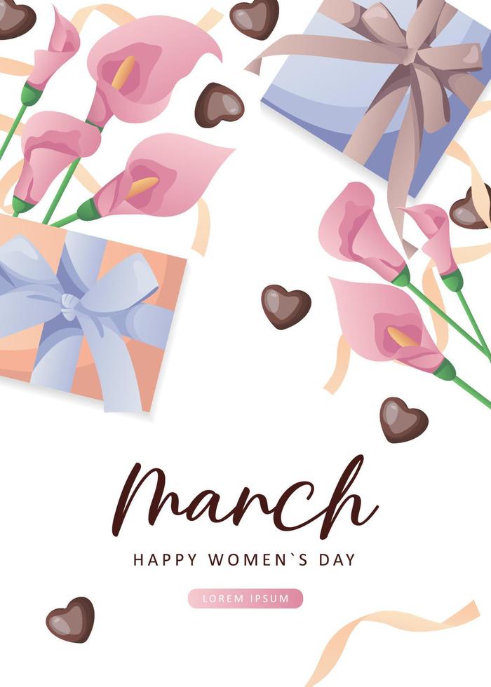 dia internacional da mulher, design de banner de 8 de março com número oito, lírios rosa, corações de chocolate, presentes, fitas. design floral romântico do dia das mães para cartão postal, pôster, cartão postal, panfleto. vetor