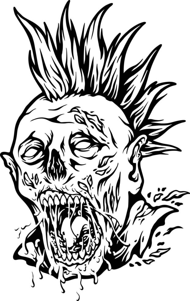 ilustrações vetoriais em preto e branco punk de zumbi de cabeça assustadora para seu logotipo de trabalho, camiseta de mercadoria, adesivos e designs de etiquetas, pôsteres, cartões de saudação anunciando empresas ou marcas vetor