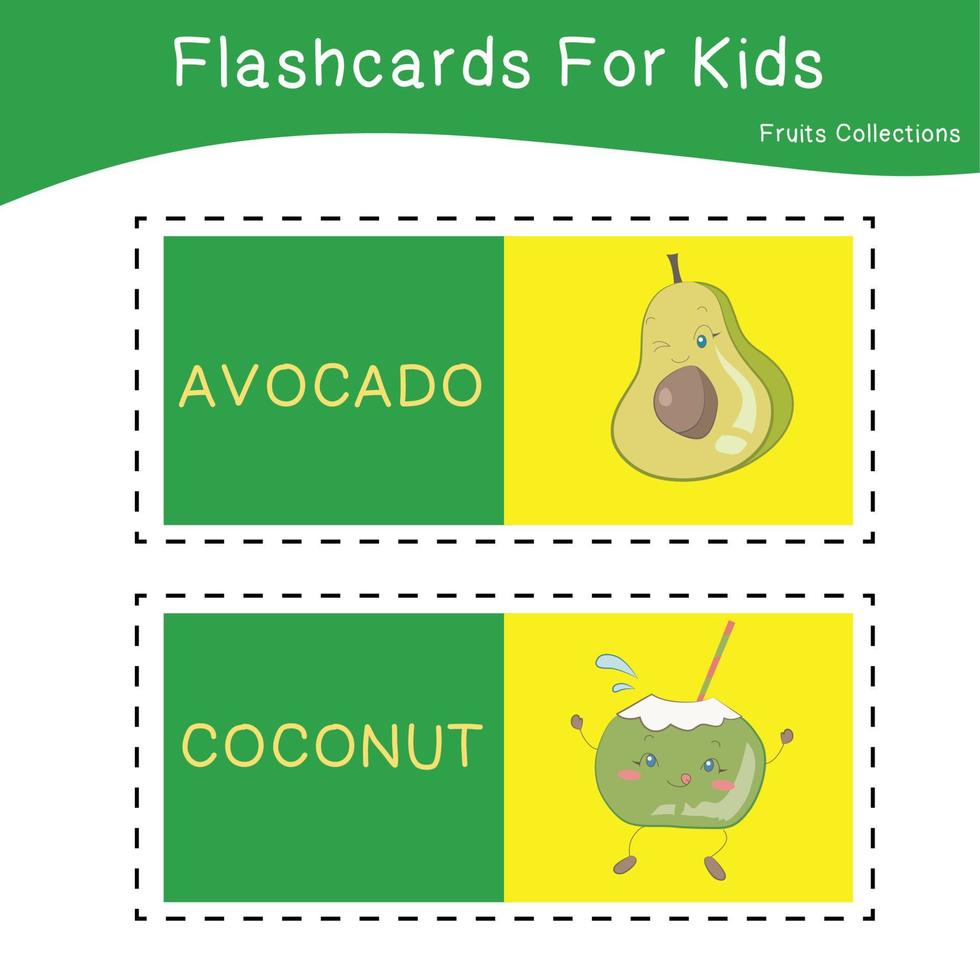 conjunto de vetores de flashcard de coleções de frutas. flashcards educacionais imprimíveis. cartaz vetorial para educação pré-escolar.