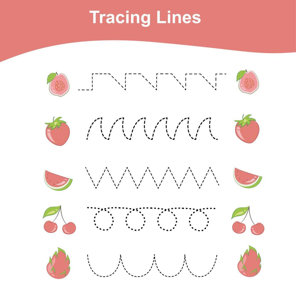 traçando linhas jogo frutas edição. planilha educacional para crianças. atividade de planilha para crianças pré-escolares. ilustração vetorial. vetor