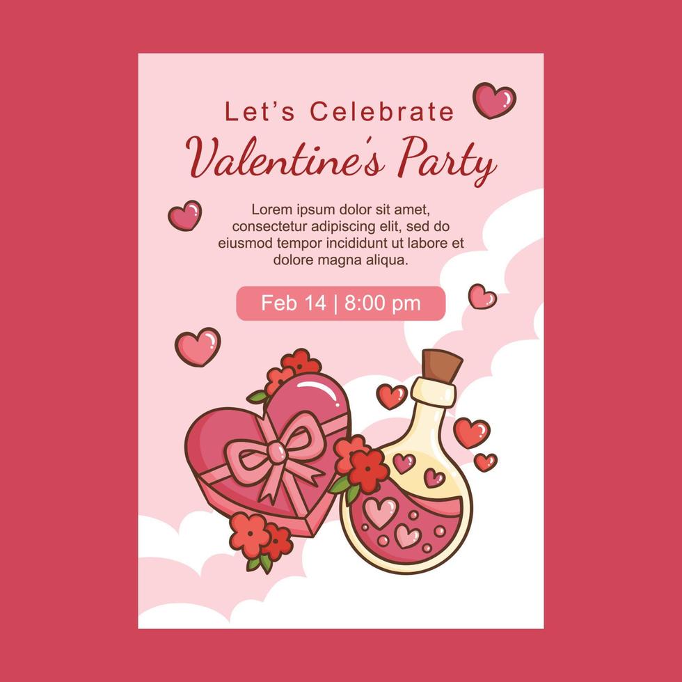 comemore o modelo de ilustração de festa de dia dos namorados com chocolate de coração rosa e pôster de amor de poção, cartão de convite, panfleto e fundo de design de banner vetor