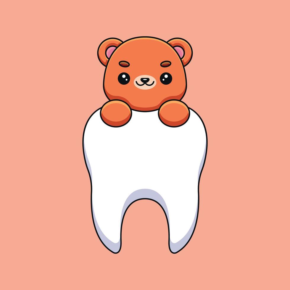 urso fofo segurando o dente mascote dos desenhos animados doodle arte mão desenhada contorno conceito vetor ilustração ícone kawaii