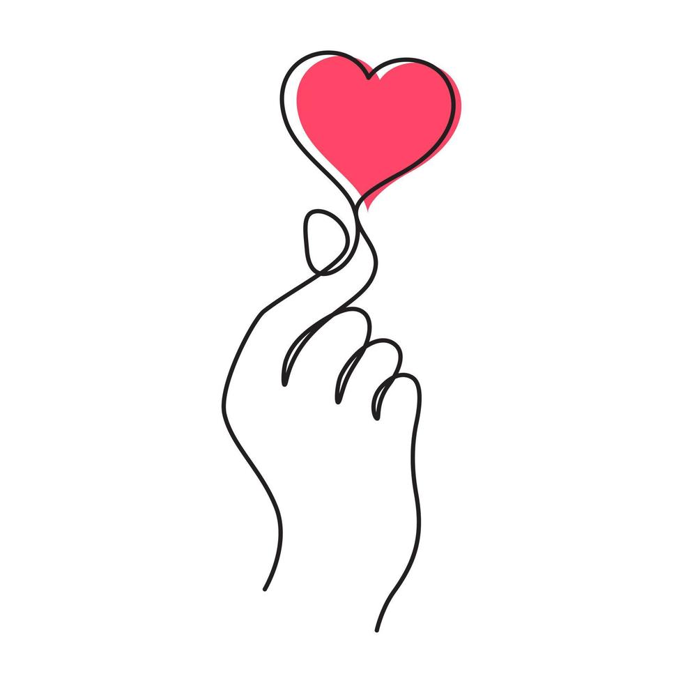 desenho de uma linha de gesto de mão mini coração vetor