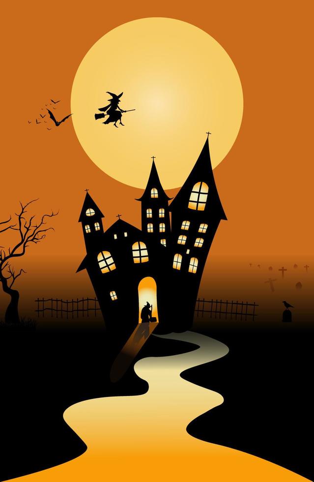 fundo do conceito de halloween ou fundo de convite de festa com uma noite de lua e castelo. ilustração vetorial. vetor