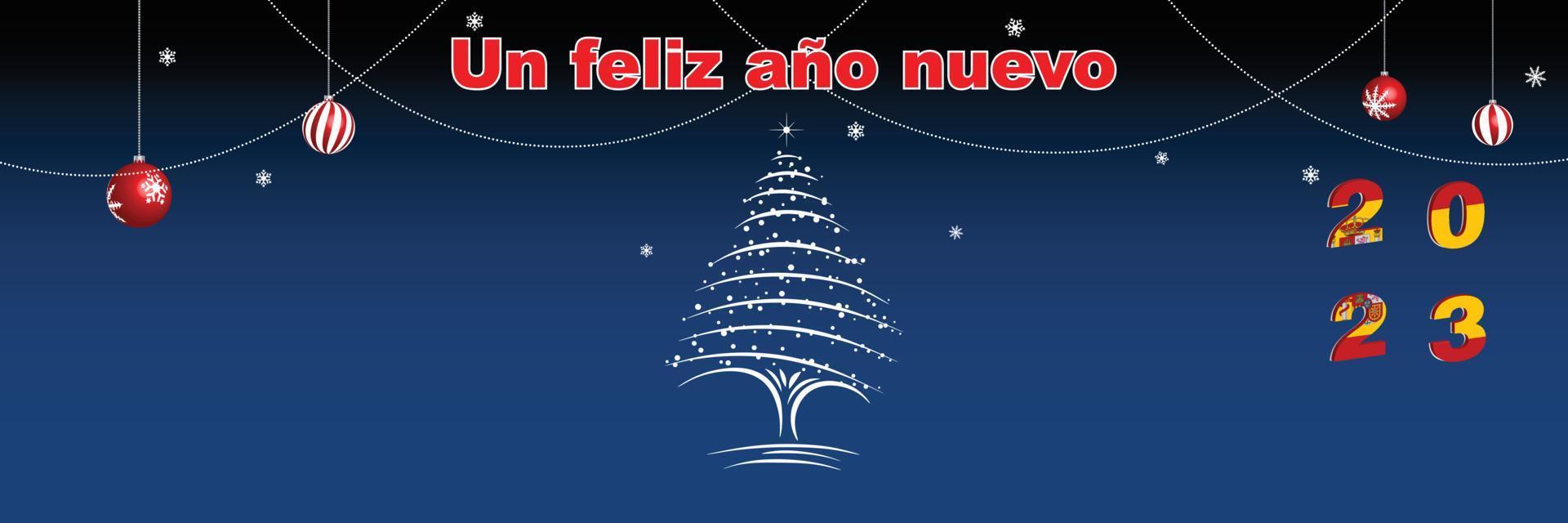 feliz natal e feliz ano novo capa de página da web. bandeira da espanha no ano de 2023. design de férias para cartão, banner, pôster de celebração, convite para festa. ilustração vetorial. vetor