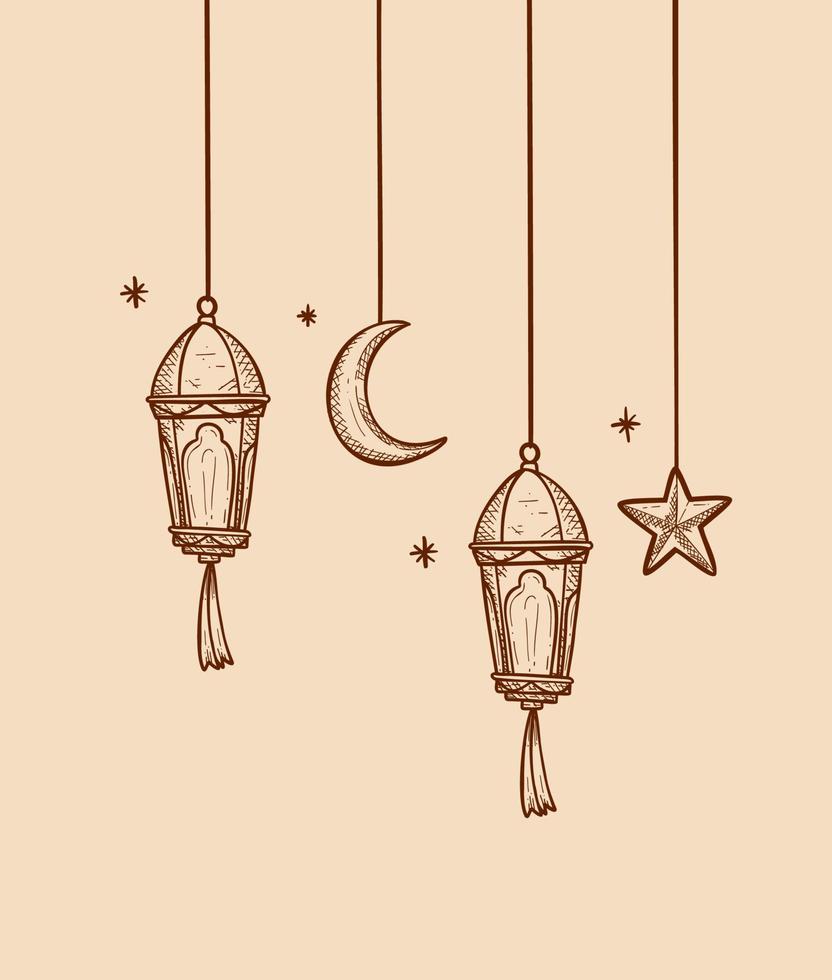 luzes de lanterna do ramadã penduradas para ilustração de elementos vetoriais de design de saudação do ramadã em estilo de desenho de mão de esboço vetor