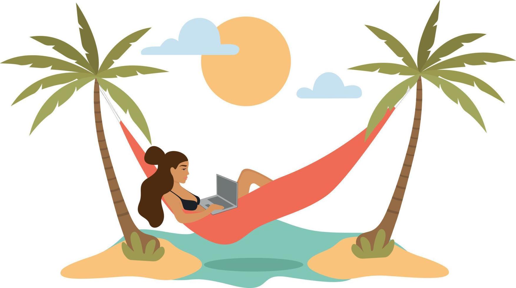 freelancer deitado em uma rede, relaxando no mar, trabalhando online em um laptop. terceirização, freelancer. o conceito de trabalho no mar. trabalhe onde quiser com prazer. trabalhar na praia. on-line vetor