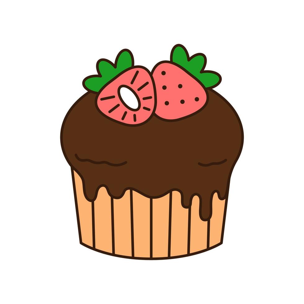 cupcake com ícone de doodle de morangos. vetor