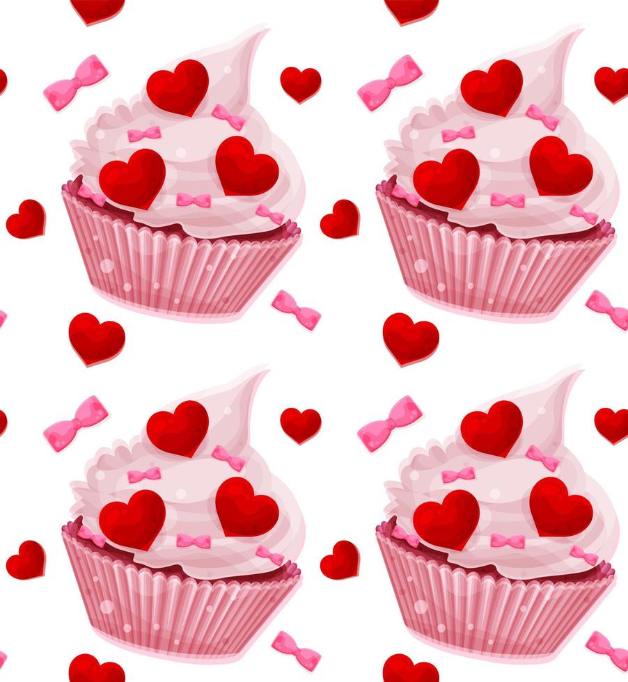 padrão sem emenda de vetor brilhante com cupcake de dia dos namorados, corações e arcos, padrão romântico, padrão de tecido