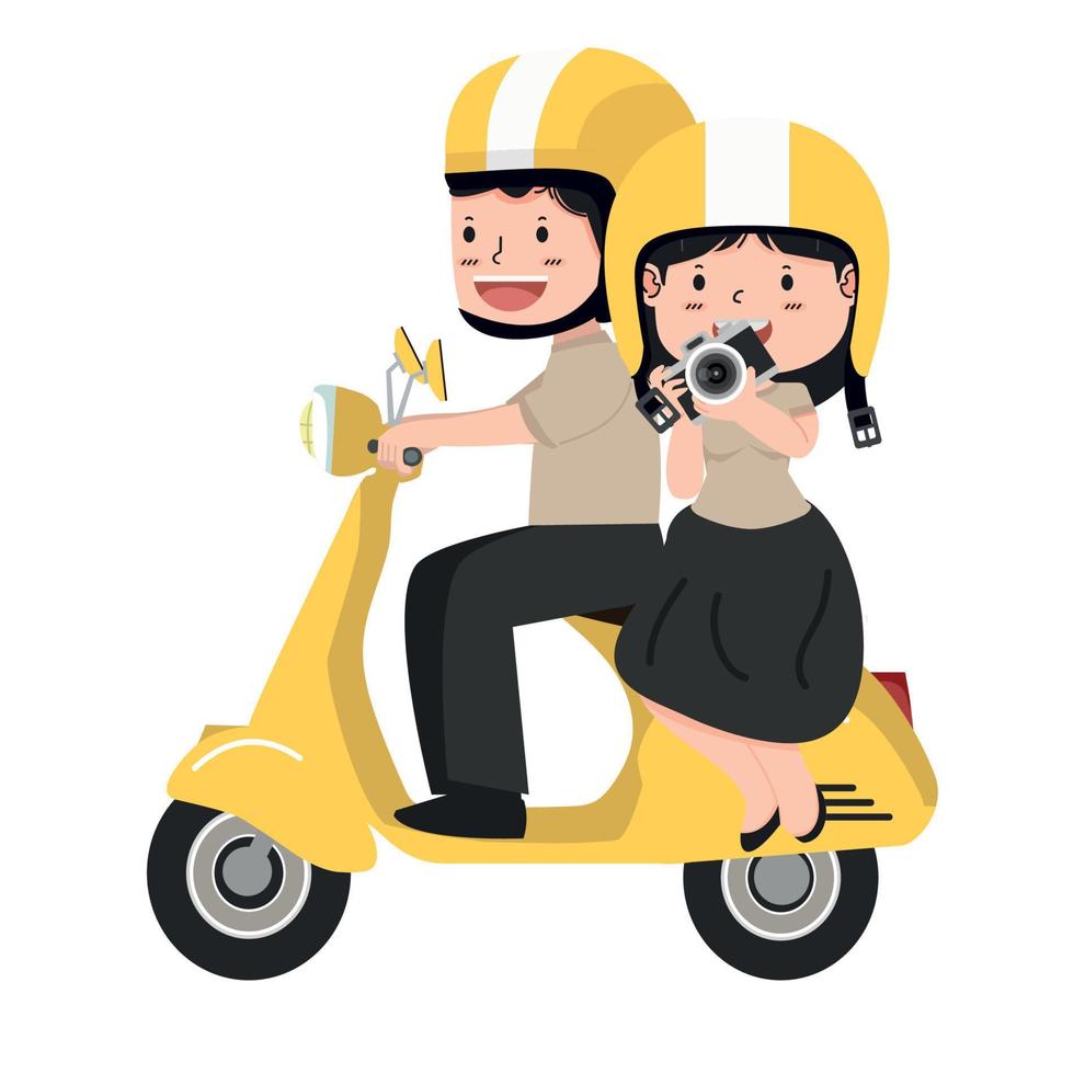 Ilustração engraçada dos desenhos animados de vetor de casal viajar de  moto. homem e mulher andam de motocicleta. motociclistas, motociclista