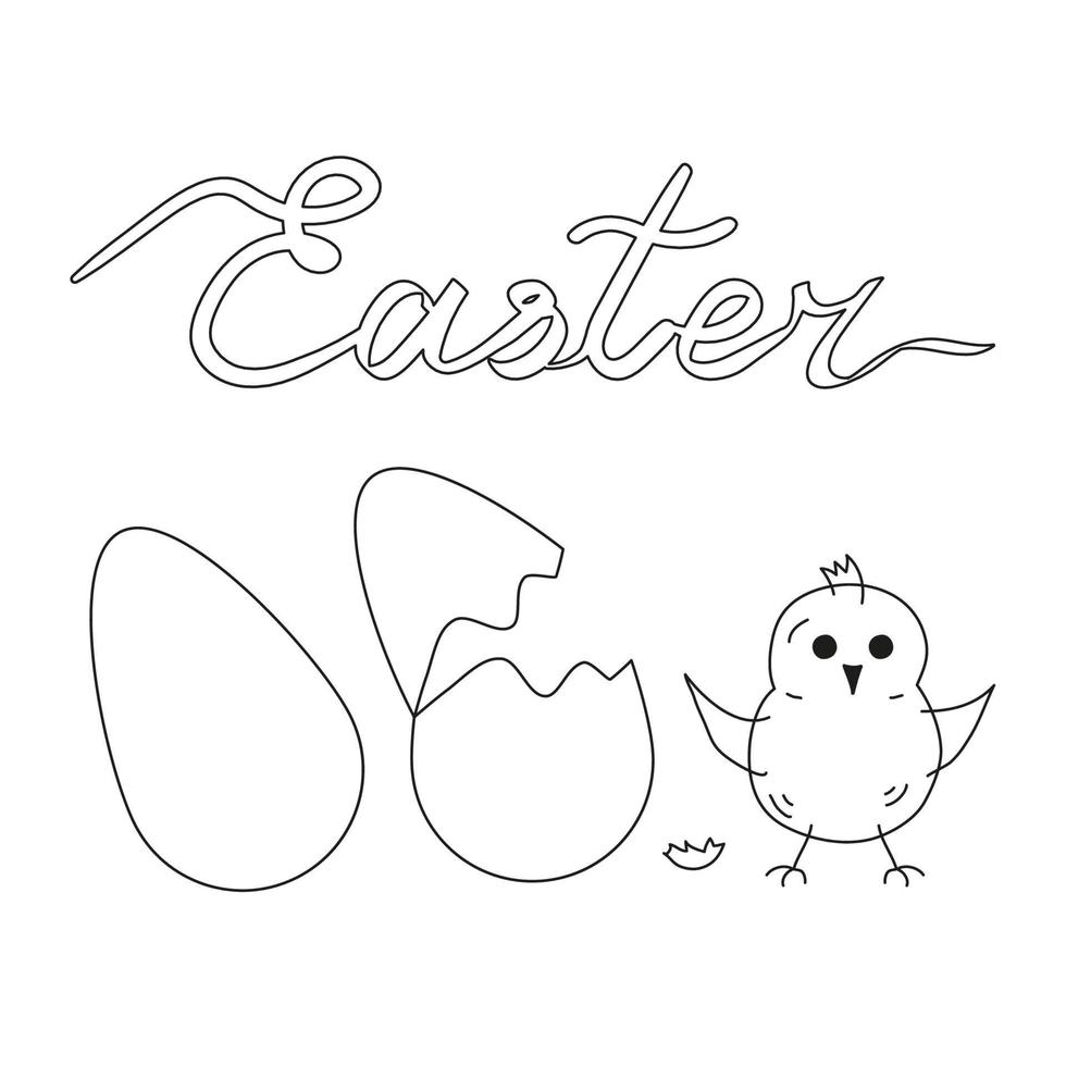 página para colorir ovos de páscoa, casca de ovo e personagem de chiks. ilustração vetorial de rabisco. vetor