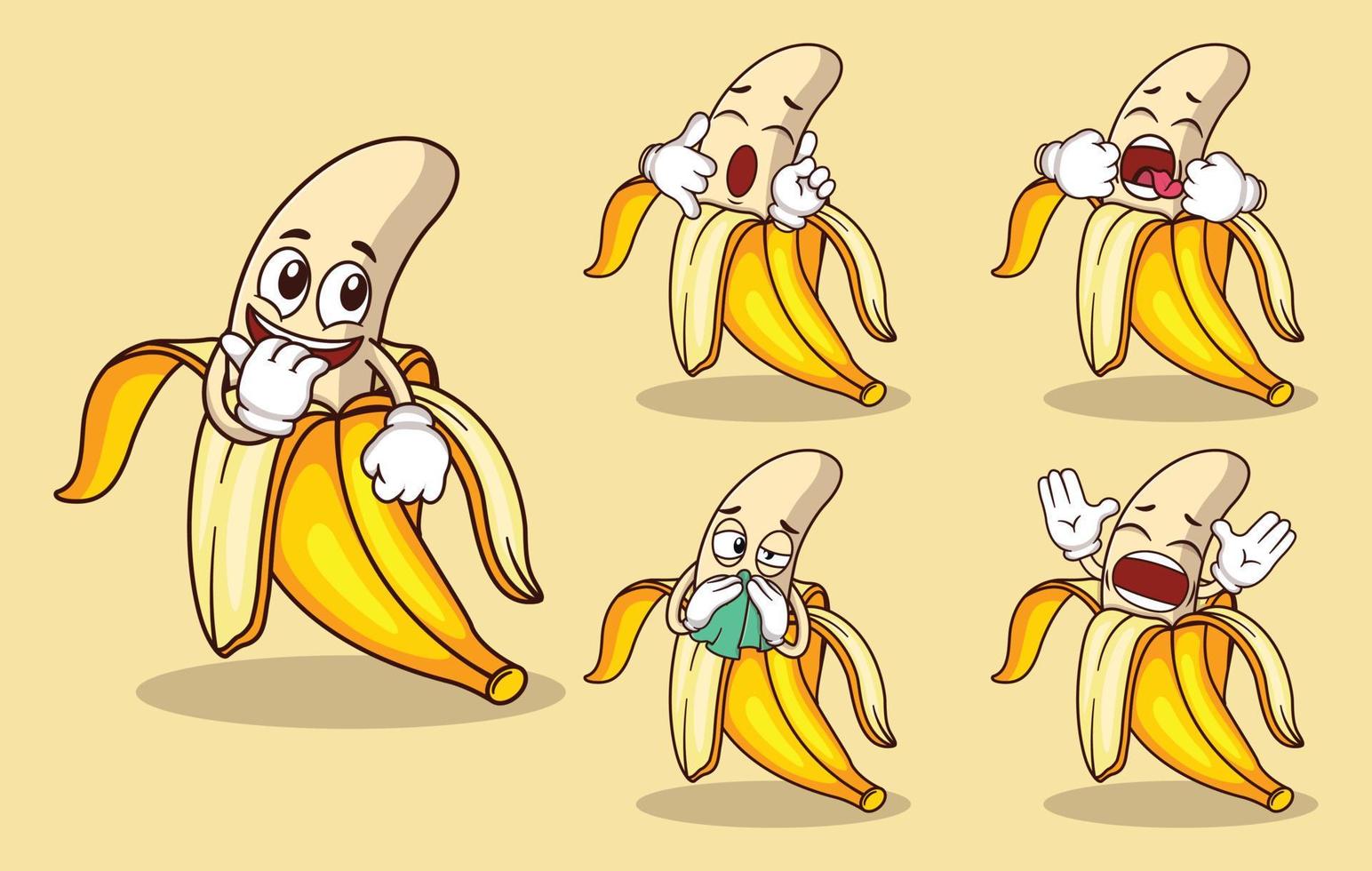 mascote de fruta banana fofa com vários tipos de coleção de conjuntos de expressões vetor