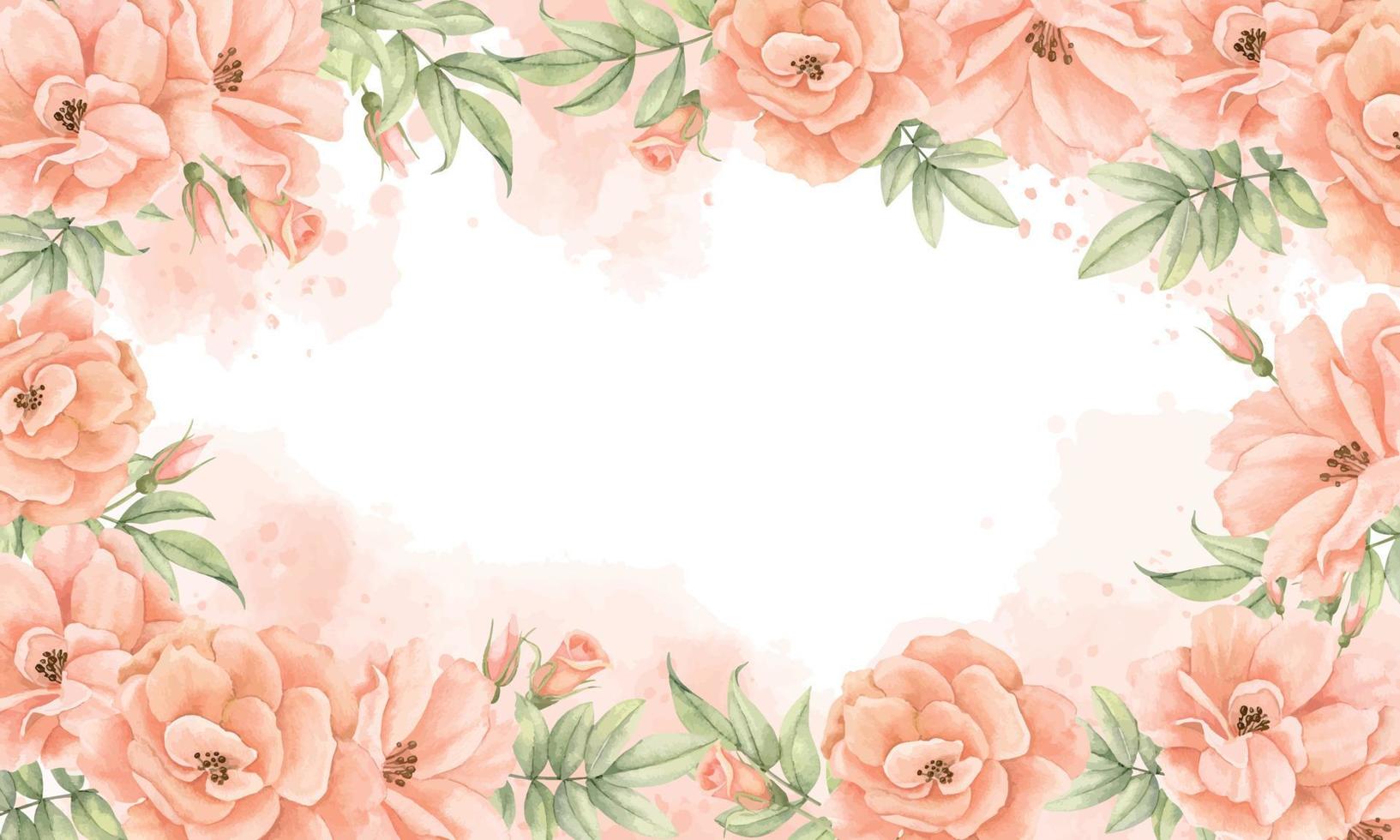 moldura floral em aquarela com flores rosas nas cores pêssego e rosa. modelo desenhado à mão para convite de casamento ou cartões comemorativos. ilustração em fundo isolado. fronteira botânica vetor