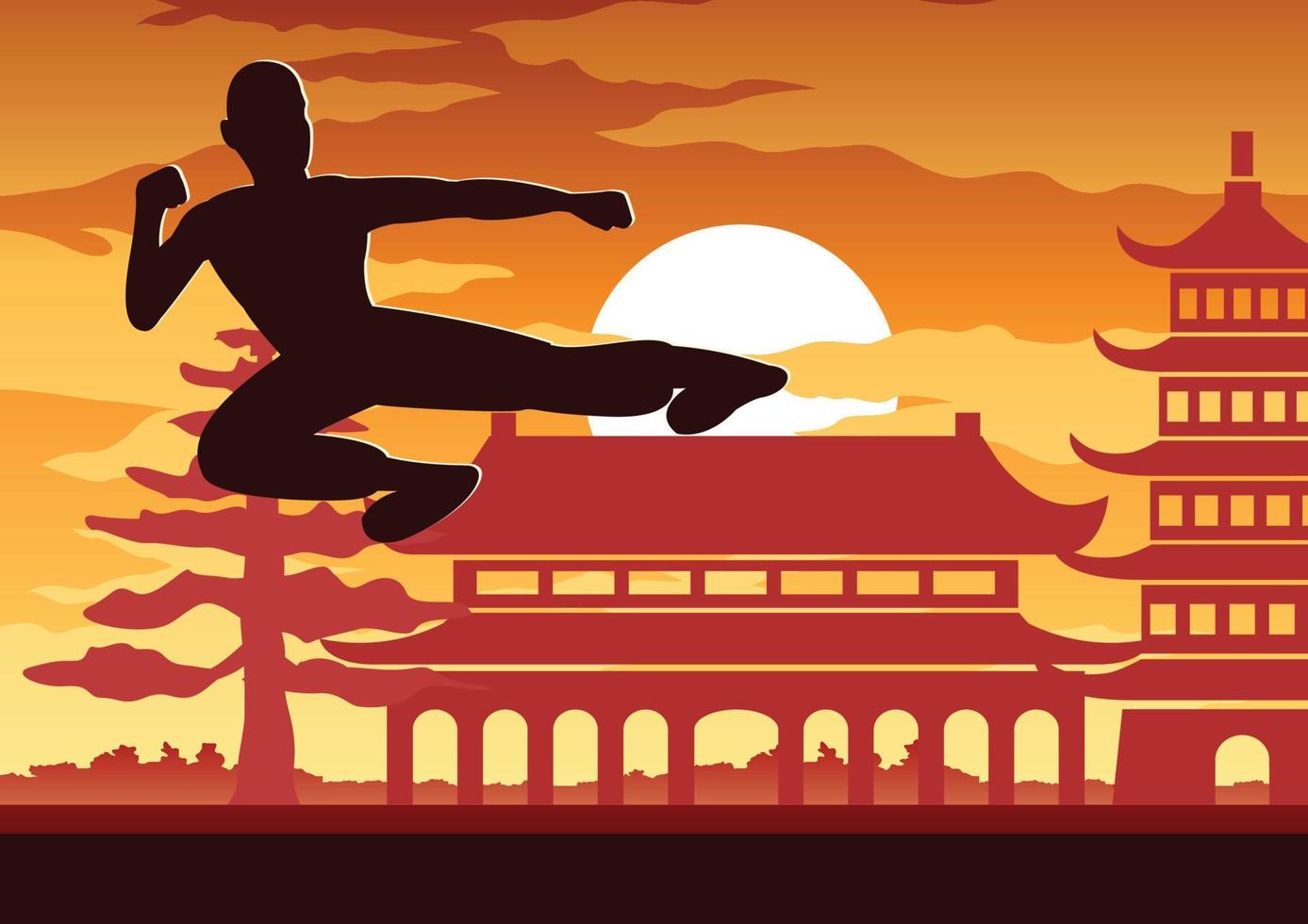 boxe chinês kung fu arte marcial esporte famoso, dois boxeadores lutam juntos com o templo chinês, design de silhueta do pôr do sol vetor