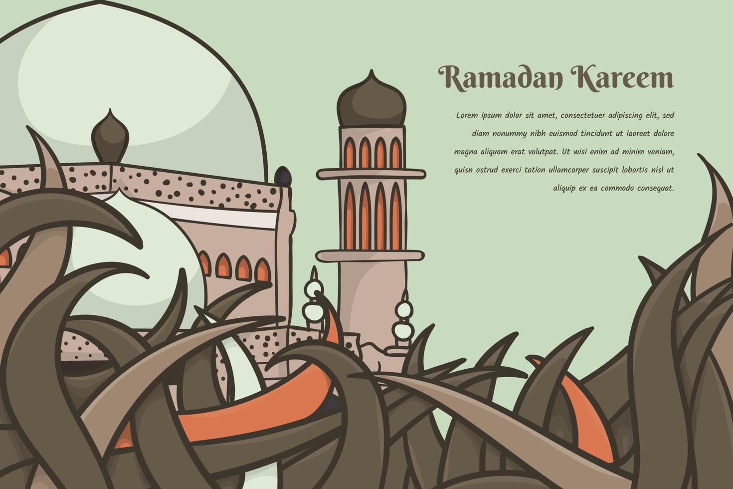 mesquita atrás da grama desenhada à mão para o modelo ramadan kareem ou eid mubarak vetor