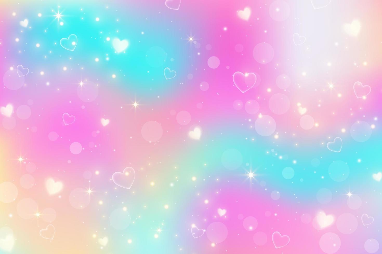 fundo de fantasia de unicórnio arco-íris com estrelas e corações. ilustração holográfica em tons pastel. céu multicolorido brilhante. vetor. vetor