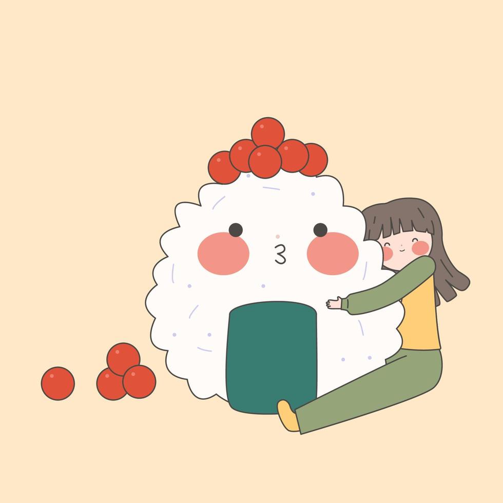 garota kawaii abraça onigiri. eu amo onigiri concept.traditional comida japonesa. ilustração plana de vetor de estoque