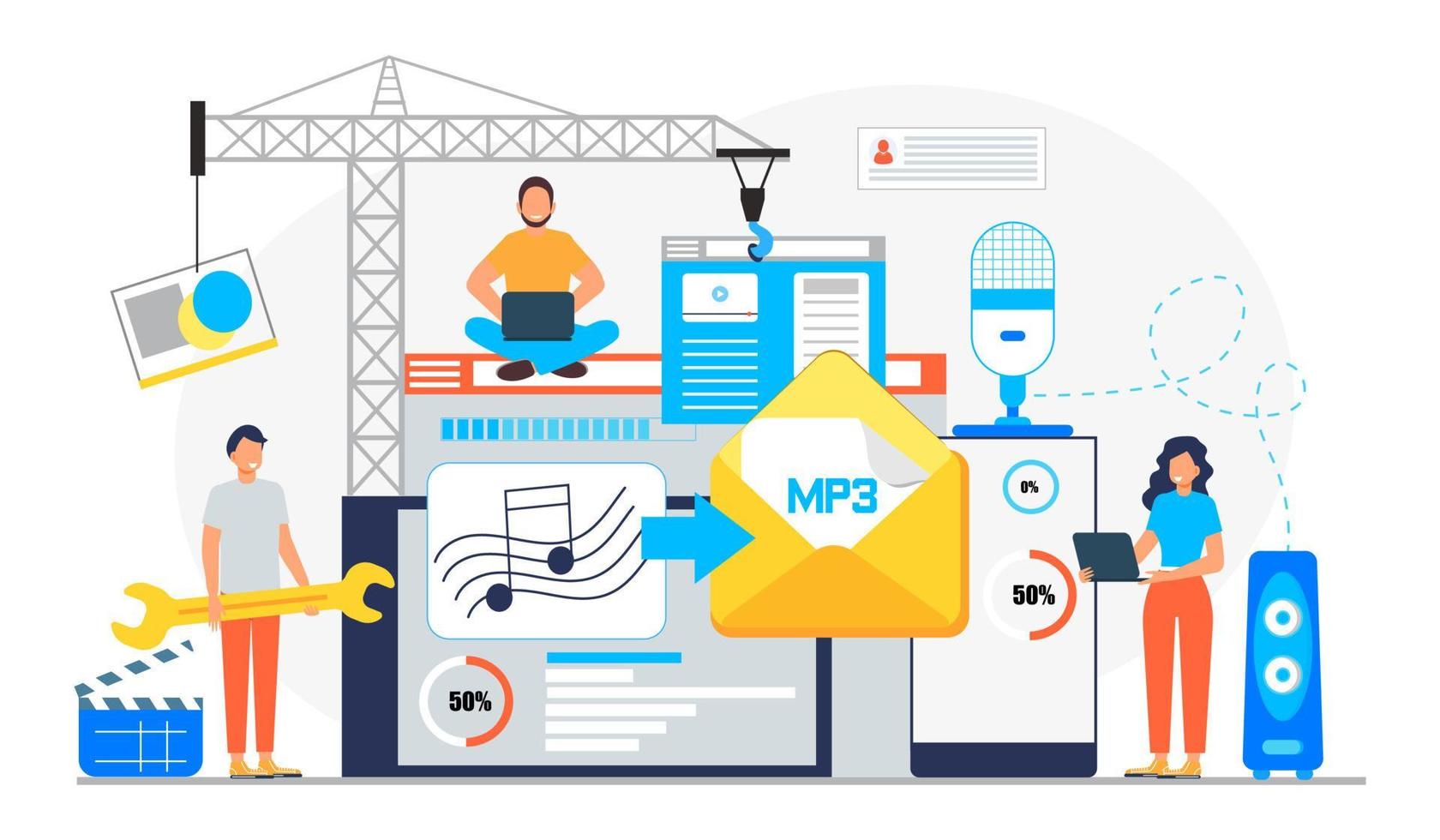 conceito de conversor de mp3 com pessoas minúsculas. tela com processo de alteração ou conversão de documento para outro formato. compressão de áudio. ilustração vetorial plana para aplicativo, site, banner vetor