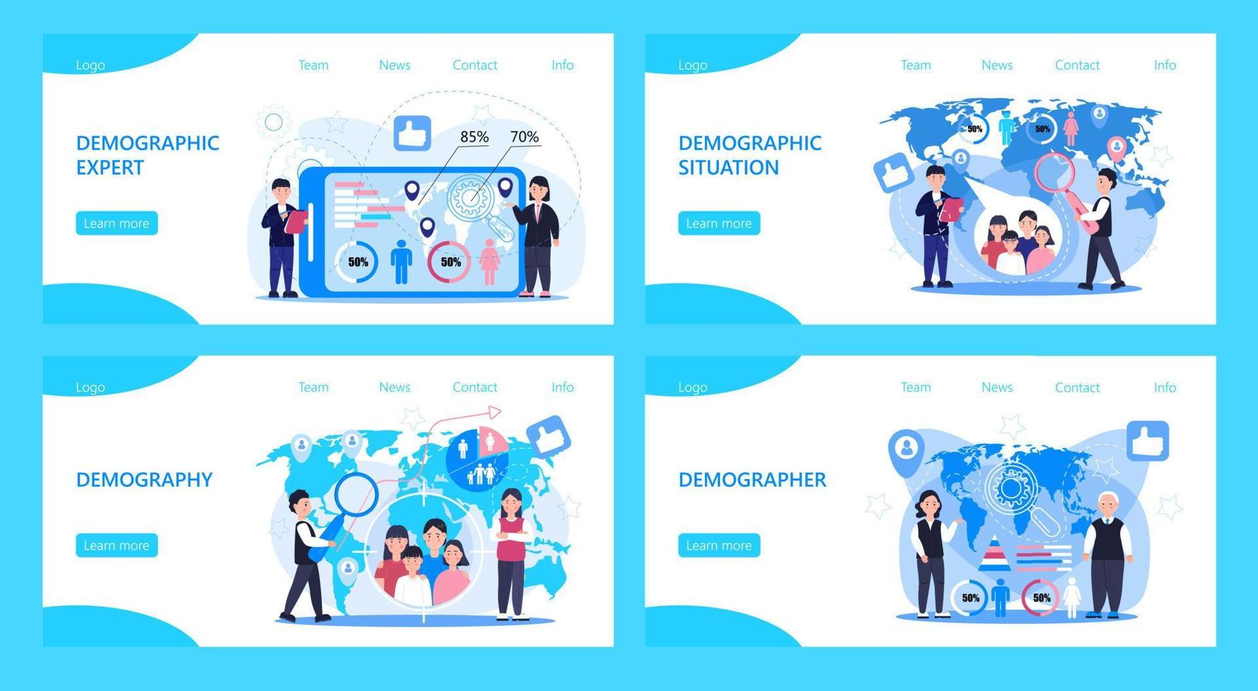 vetor de conceito de demógrafo para página de destino. população em crescimento no mundo. especialistas demográficos analisando números de dados de mulheres, homens, famílias. diagramas, mapa, etiqueta