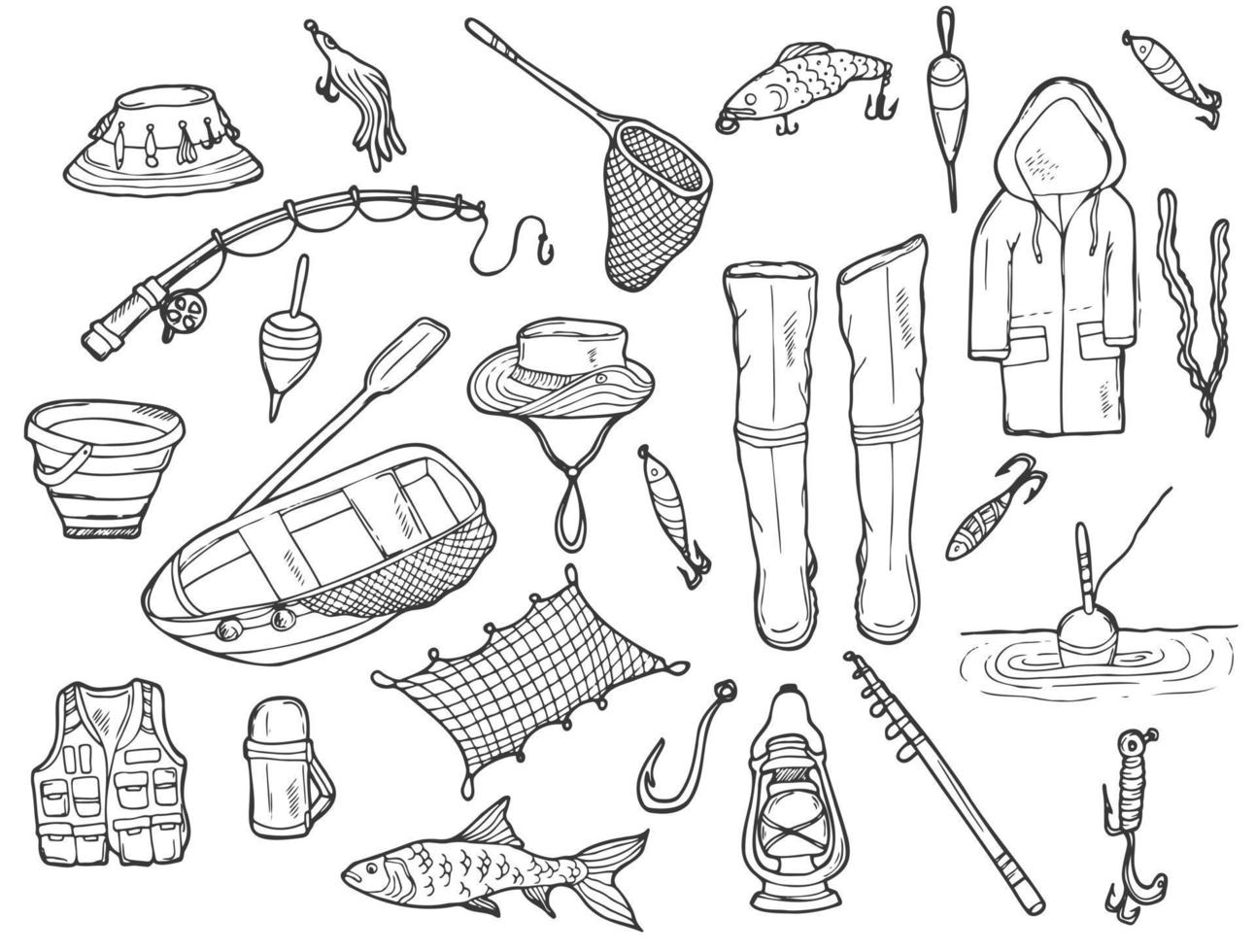 doodle conjunto de pesca. coisas de pesca e camping em vetor. mão desenhada ilustração. vetor