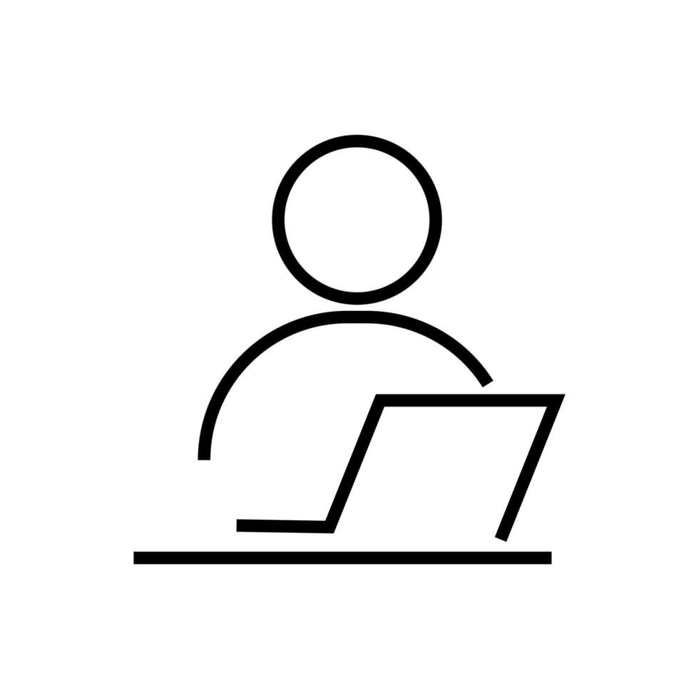 homem no ícone de linha isolada de laptop. perfeito para interface do usuário, aplicativos, sites, lojas, anúncios. curso editável, desenhado com linha fina preta vetor