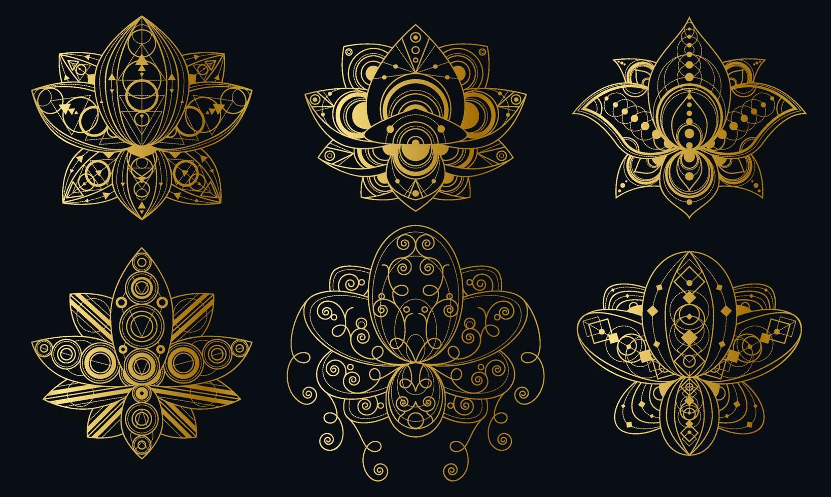 Conjunto de flores de lótus com ilustrações lineares de ornamento geométrico vetor
