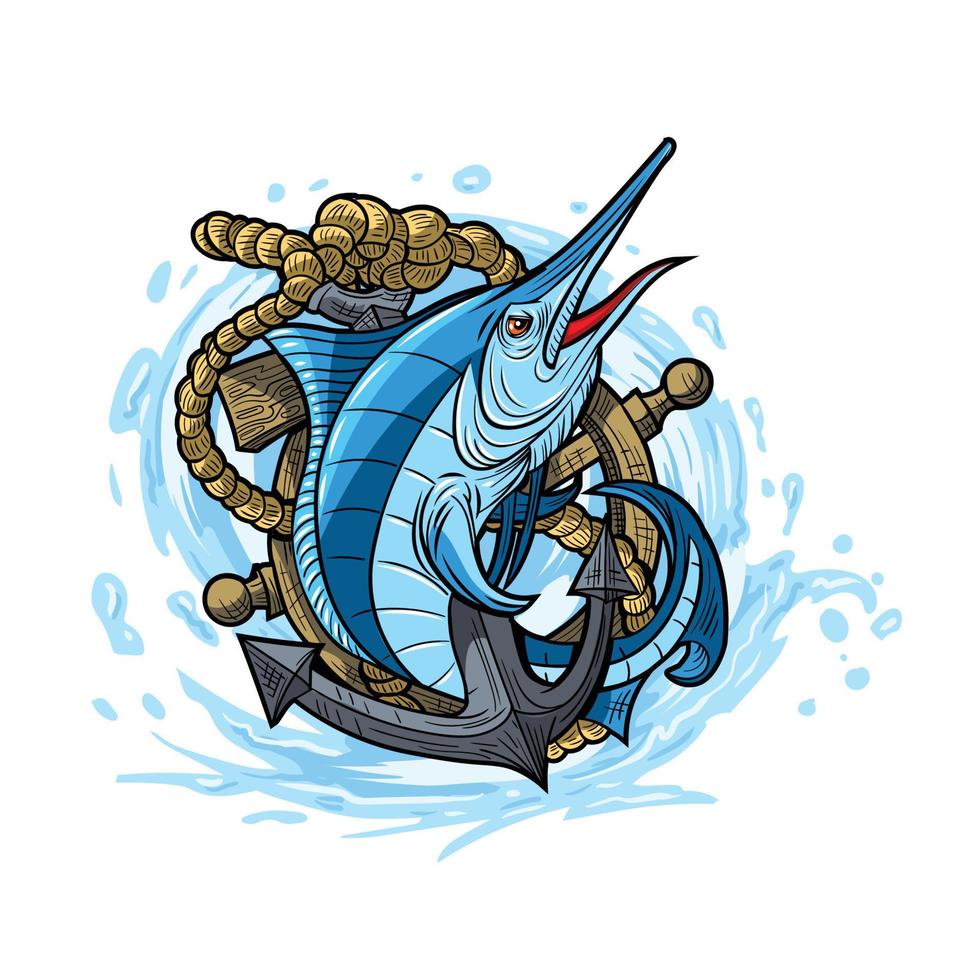 ilustração de um marlin azul com âncora e leme de um navio. logotipo da equipe de pesca. vetor