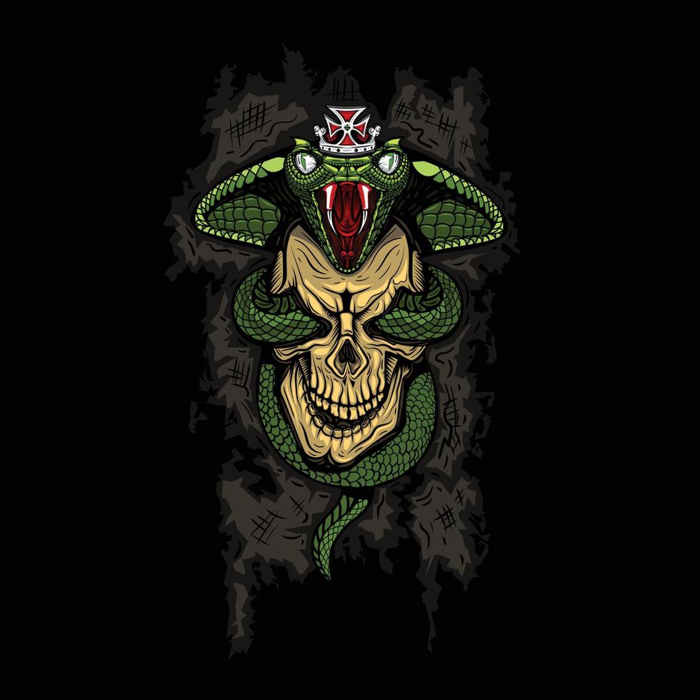 ilustração de uma caveira com uma cobra e uma coroa na cabeça. t-shirt e gráficos de tatuagem. vetor