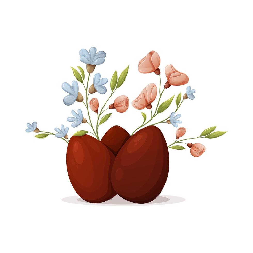 ovos de páscoa vermelhos rodeados de flores. tema festivo da primavera. ilustração vetorial, estilo cartoon, fundo isolado. vetor