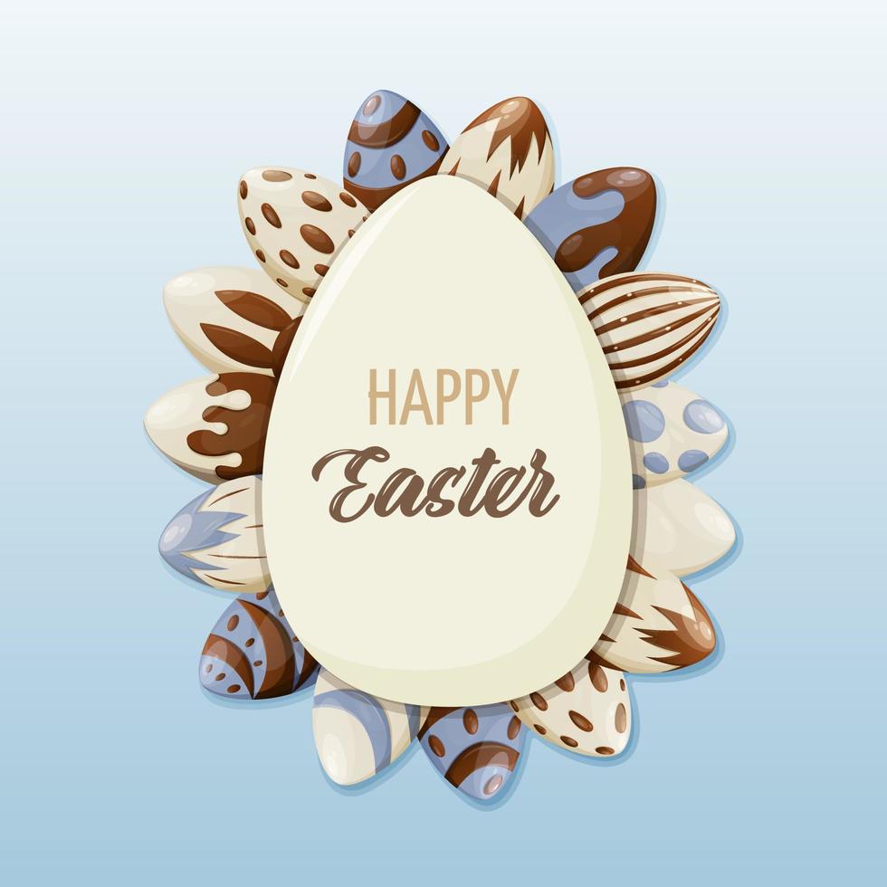 ovo com texto feliz páscoa. ovos de chocolate decorados. ilustração em vetor de uma forma quadrada para as férias de primavera. para banner, cartaz