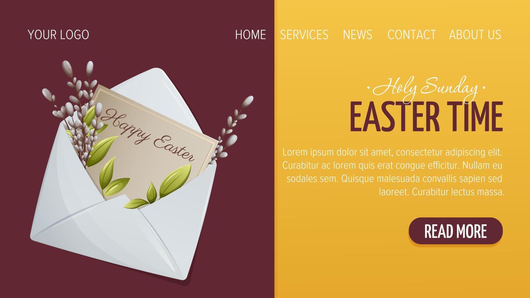design de página da web para feliz páscoa. envelope com um desejo e ramos de salgueiro. ilustração vetorial, modelo de pôster, banner, site. vetor