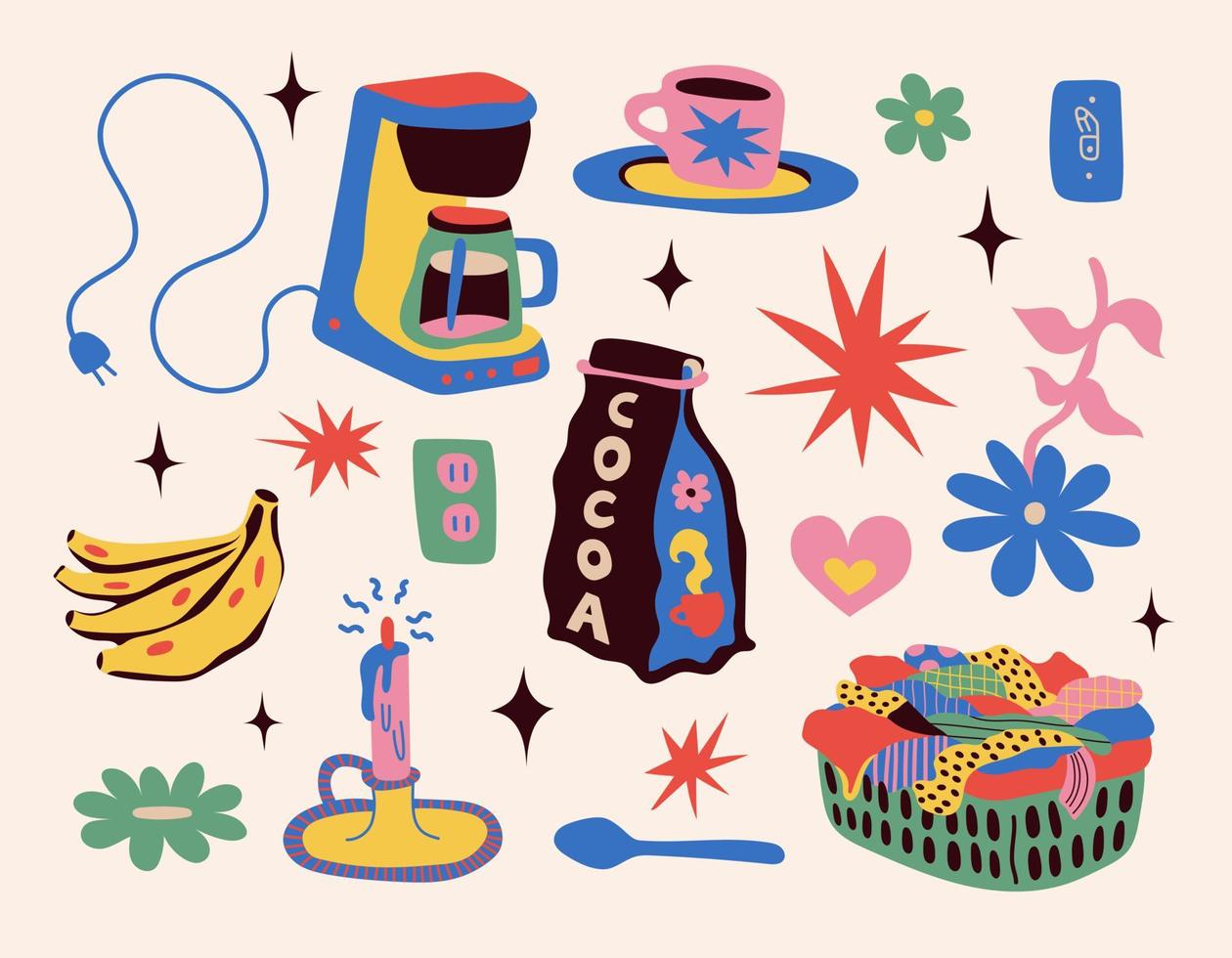 conjunto de adesivos com comida desenhada. estilo de desenho. várias bebidas coloridas, cupcakes, donuts, frutas, café, fanans. mão desenhada ilustração vetorial de moda. vetor