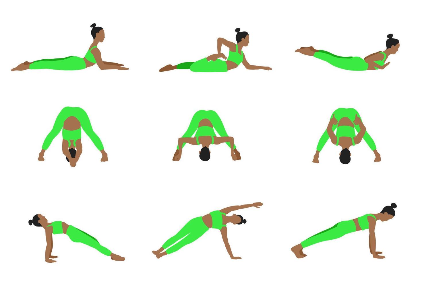 coleção de poses de ioga. afro-americano. menina mulher feminina. ilustração vetorial em estilo cartoon plana isolado no fundo branco. vetor