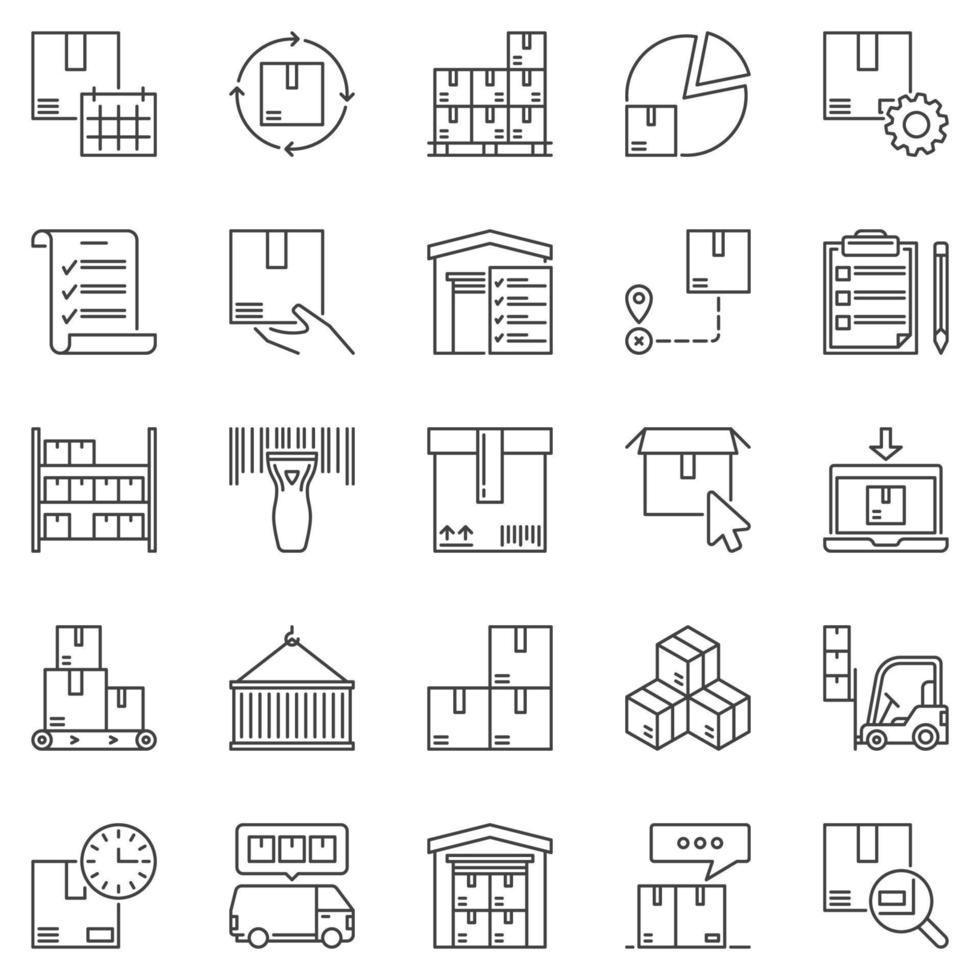 conjunto de ícones de contorno de inventário e armazenamento - símbolos lineares de armazém e caixas vetor