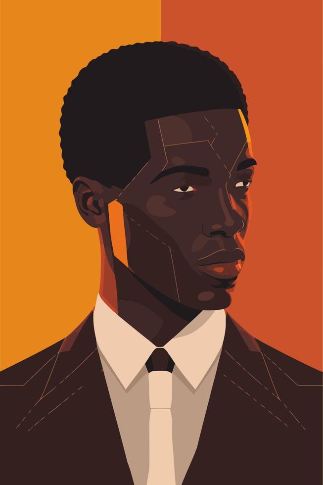 homem afro-americano de terno e gravata em fundo laranja. ilustração vetorial. vetor