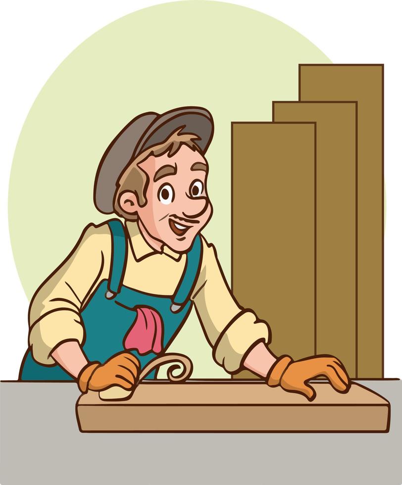 um carpinteiro serrando a madeira no vetor de desenho animado da mesa