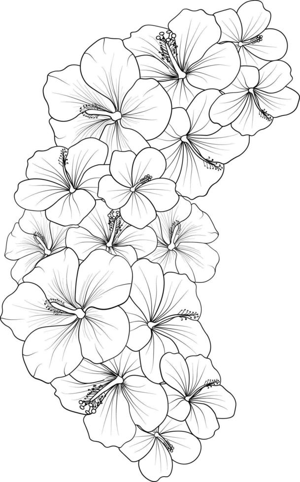 buquê de flor de hibisco desenho a lápis desenhado à mão página para colorir e livro para adultos isolados em tatuagem de elemento floral de fundo branco, arte de tinta de ilustração. vetor