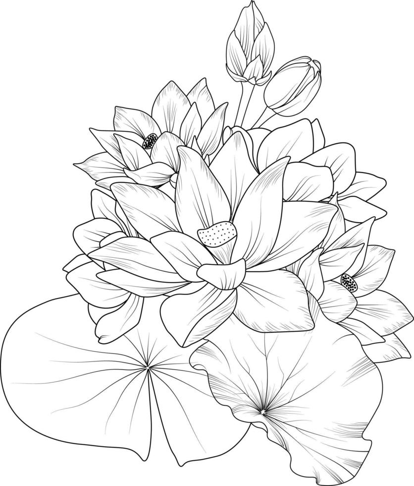 arte de desenho de flor de lótus, estilo vintage impresso para páginas de coloração de flores fofas. ilustração vetorial de uma linda flor com um buquê de nenúfar e folhas. isolado no fundo branco. vetor