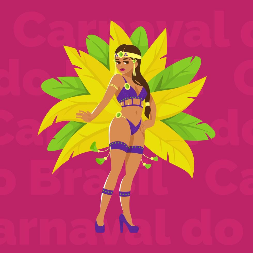 mulher brasileira em traje de carnaval festivo com plumagem brilhante vetor