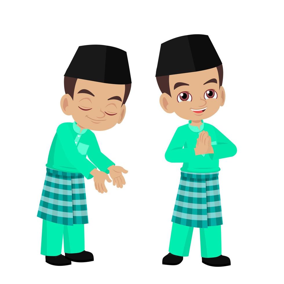 menino malaio vestindo saudação de roupas tradicionais no dia de hari raya vetor