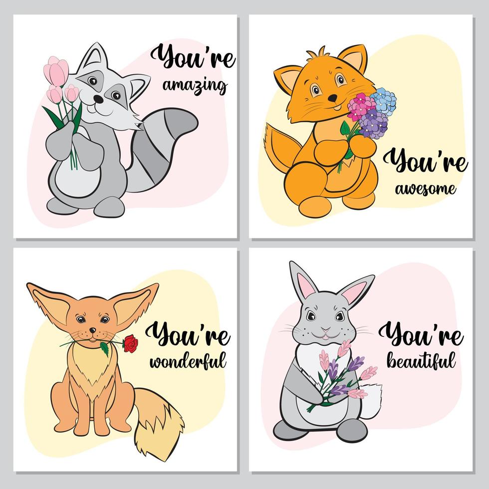 conjunto de cartões fofos com animais engraçados com flores e letras 'você é incrível', 'você é lindo', 'você é incrível'. coelho, erva-doce, guaxinim, gato ruivo com flores. vetor