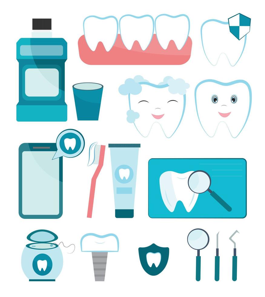 um conjunto de elementos para odontologia, acessórios para atendimento odontológico, saúde bucal. dentes saudáveis, como cuidar de seus dentes. escovar os dentes, creme dental e escova. um conjunto de fotos para uma clínica odontológica. vetor