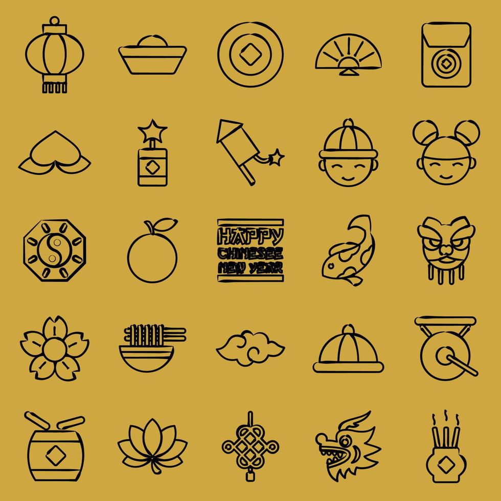 conjunto de ícones de elementos de celebração do ano novo chinês. ícones desenhados à mão estilo. bom para impressões, cartazes, logotipo, decoração de festa, cartão de felicitações, etc. vetor