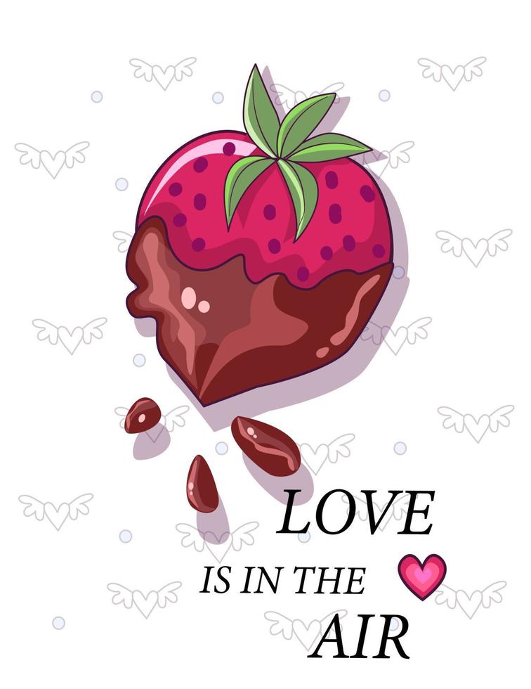o amor está no ar. ilustração em vetor de morangos rosa com folhas verdes e cobertura de chocolate. o fundo tem pequenas asas fofas e um coração vermelho sobre fundo branco.