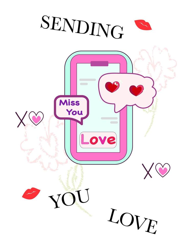 te enviando amor. telefone de ilustração romântica vetorial com mensagem, ícones e emoji. tela de toque do dedo. conceito de rede social. conceito de comunicação em fundo branco. vetor