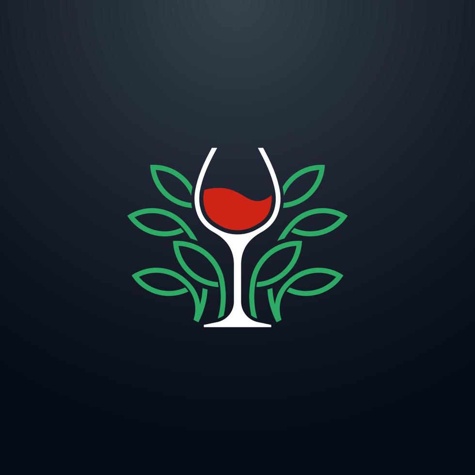 logotipo de vinho da natureza, com copos de vinho de arte de linha e folhas vetor